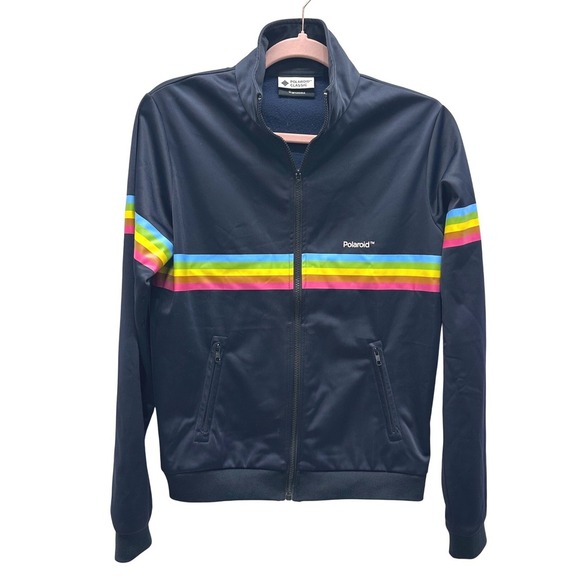 Polaroid Classic Factory Jacket Full Zip Navy Rainbow Stripe Track Jacket Size S - Picture 1 of 9